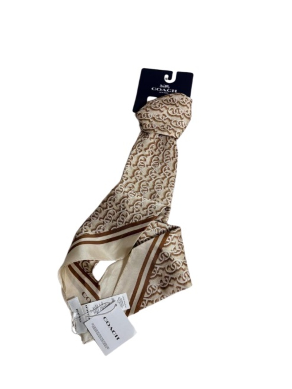 Coach CCH STK Logo Print Silk Square Scarf 33.5" x 33.5" brown tan cream NEW